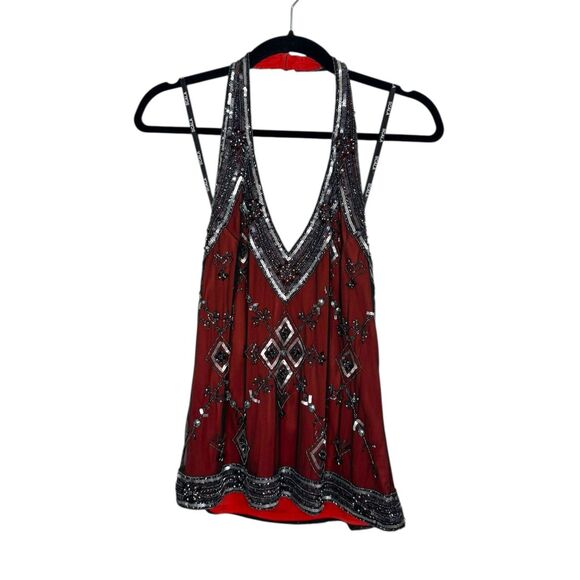 SCALA Women’s Large Beaded Halter Top Red Black Embellished Embroidered RARE - Picture 2 of 8